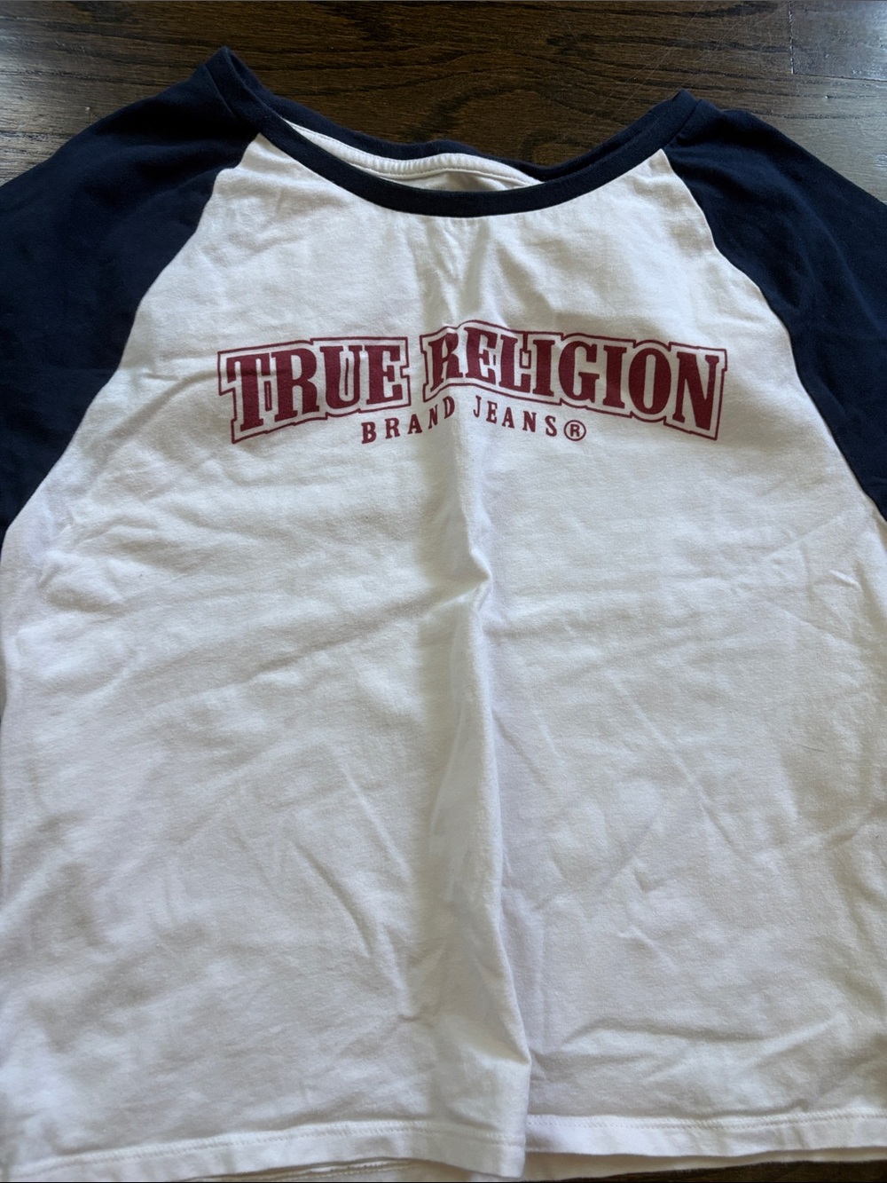 True Religion White Tee with Navy Raglan Sleeves and Maroon Logo